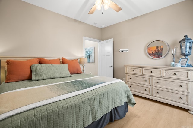 bedroom featuring light wood-type flooring and ceiling fan