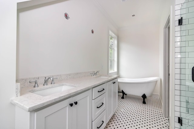 bathroom featuring ornamental molding, a soaking tub, a sink, and walk in shower