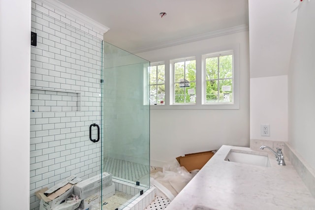 bathroom featuring a stall shower, a sink, and crown molding