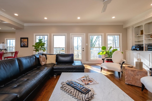 living area with dark wood-style flooring, recessed lighting, and crown molding