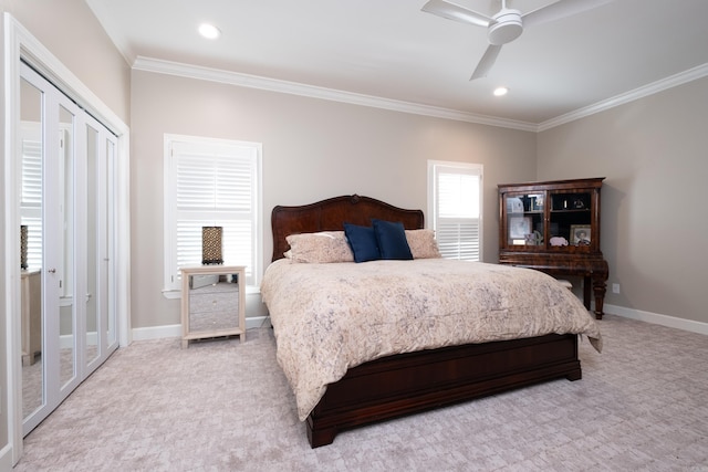 carpeted bedroom featuring ornamental molding, recessed lighting, a ceiling fan, and baseboards