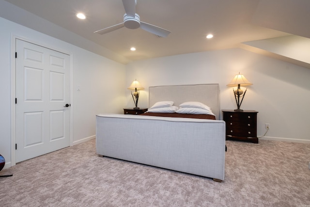 bedroom featuring baseboards, carpet floors, lofted ceiling, and recessed lighting