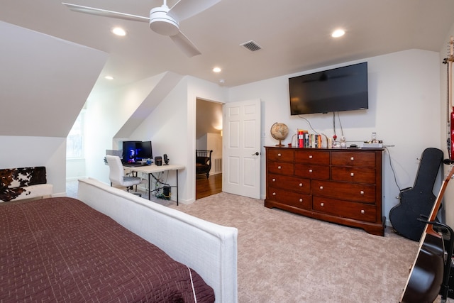 carpeted bedroom with lofted ceiling, visible vents, a ceiling fan, and recessed lighting