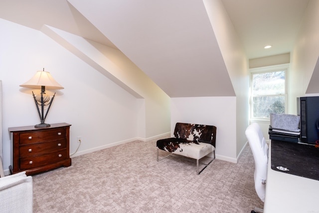 sitting room with vaulted ceiling, recessed lighting, carpet, and baseboards