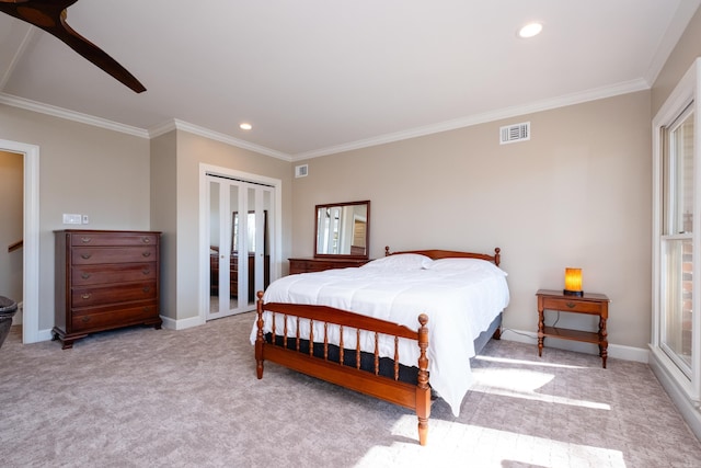 bedroom with french doors, recessed lighting, a closet, visible vents, and baseboards