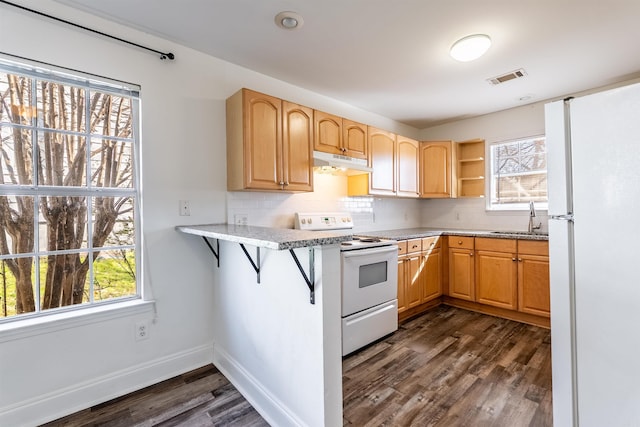 kitchen with visible vents, decorative backsplash, a sink, white appliances, and under cabinet range hood