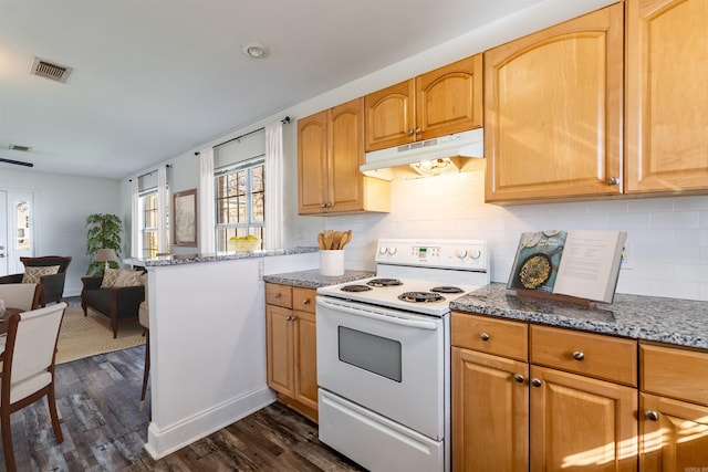 kitchen with dark wood finished floors, visible vents, white electric range, stone countertops, and under cabinet range hood