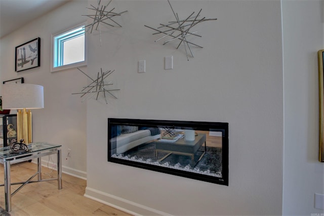 room details with a glass covered fireplace, wood finished floors, and baseboards