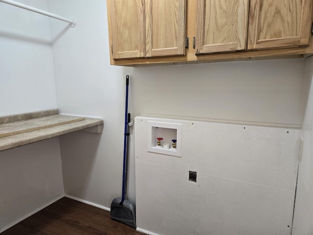 laundry room with hookup for a washing machine, hookup for an electric dryer, dark wood-style flooring, baseboards, and cabinet space