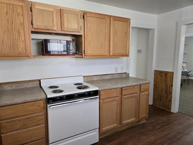 kitchen featuring electric stove and dark wood-type flooring