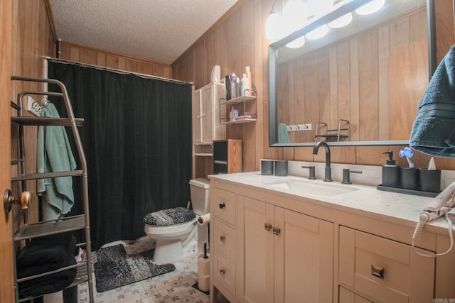 full bathroom with a textured ceiling, curtained shower, toilet, wood walls, and vanity