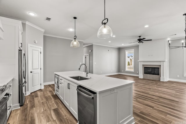 kitchen with stainless steel appliances, a glass covered fireplace, white cabinetry, and a sink