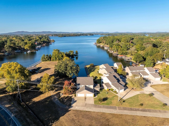 bird's eye view with a water view and a wooded view