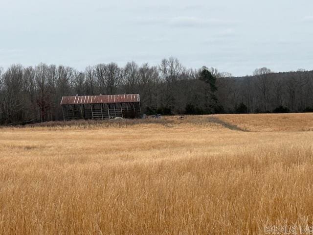 view of yard featuring an outbuilding, a rural view, and a view of trees