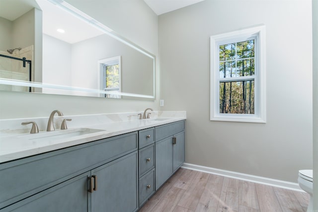 full bath featuring double vanity, a sink, baseboards, and wood finished floors