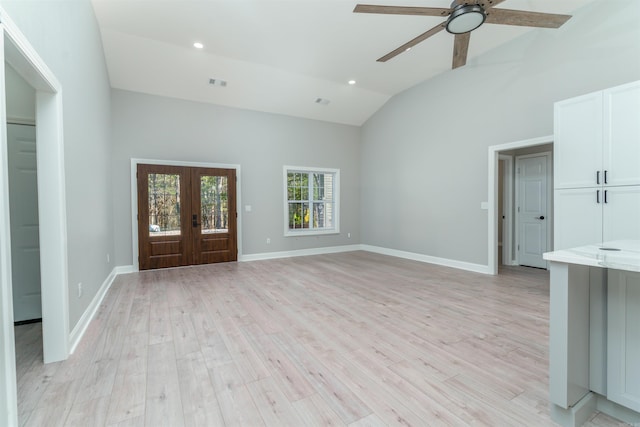 unfurnished living room with visible vents, baseboards, ceiling fan, light wood-type flooring, and recessed lighting