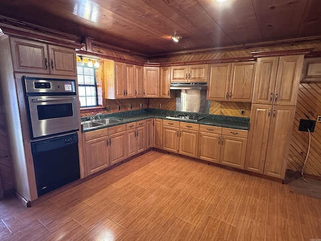 kitchen featuring under cabinet range hood, a sink, wood ceiling, stainless steel oven, and dishwasher