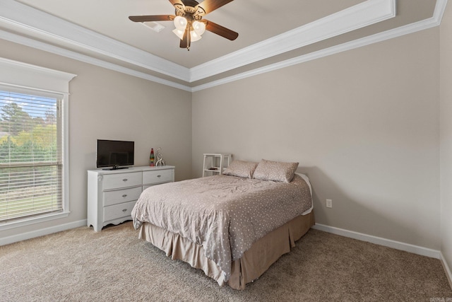 bedroom featuring ceiling fan, baseboards, ornamental molding, and light colored carpet