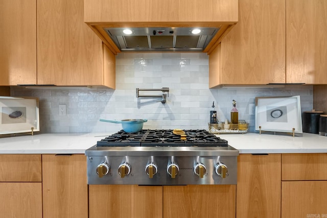 108 Mornay Ln, Little Rock, AR 72223 - kitchen featuring premium range hood, modern cabinets, backsplash, and stainless steel gas stovetop