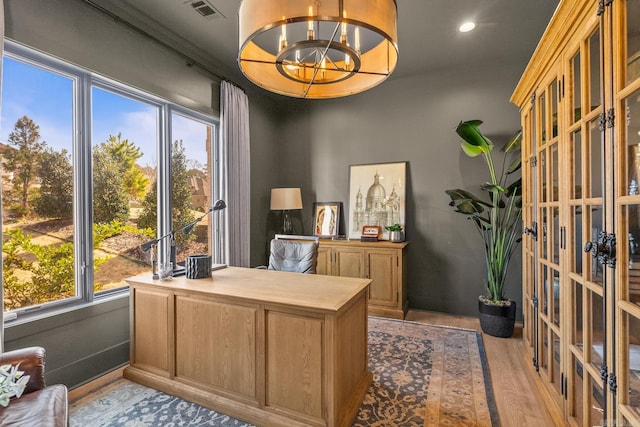 108 Mornay Ln, Little Rock, AR 72223 - home office with french doors, a notable chandelier, recessed lighting, visible vents, and wood finished floors