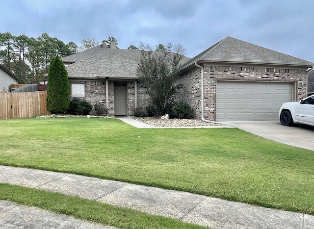 view of front of home with brick siding, a shingled roof, concrete driveway, a front yard, and fence