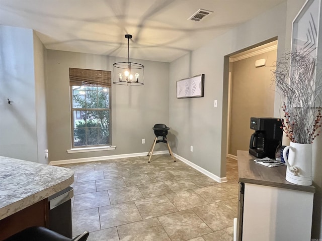 dining area featuring visible vents, a notable chandelier, baseboards, and light tile patterned floors