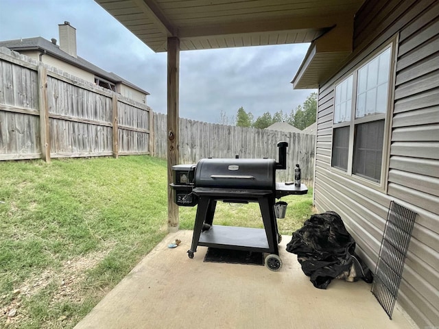 view of patio / terrace featuring a fenced backyard and grilling area