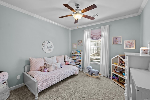 bedroom featuring visible vents, baseboards, ceiling fan, crown molding, and carpet floors