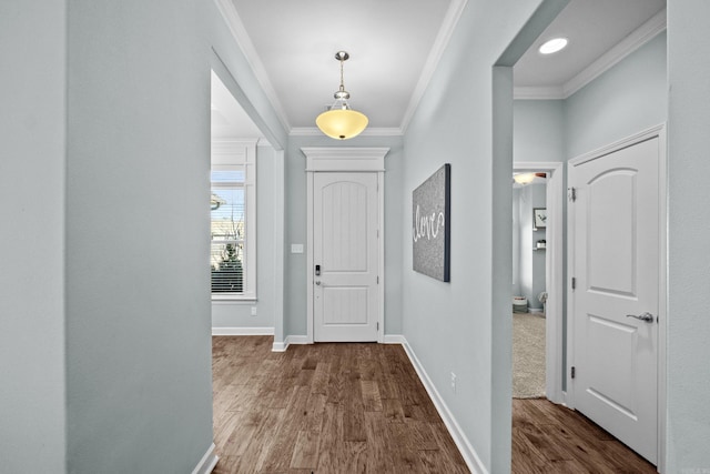 foyer entrance featuring baseboards, wood finished floors, and crown molding