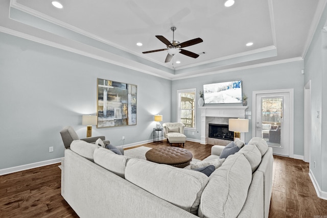 living area featuring a premium fireplace, dark wood-style flooring, a raised ceiling, and baseboards