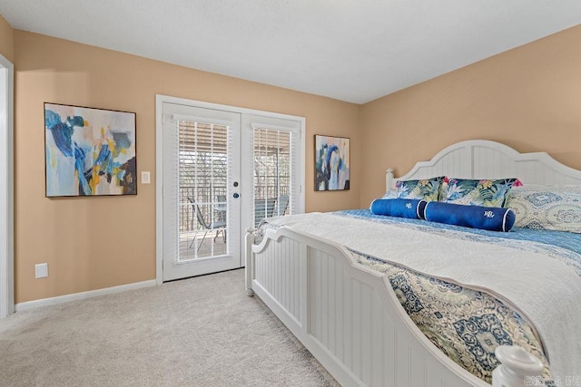 bedroom featuring access to exterior, french doors, light colored carpet, and baseboards