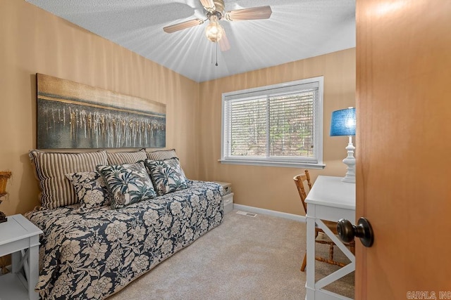 bedroom featuring carpet, ceiling fan, and baseboards