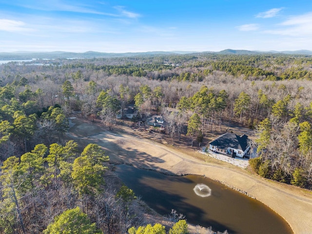 drone / aerial view with a forest view and a water view