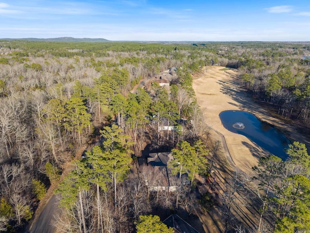 aerial view featuring a water view and a view of trees