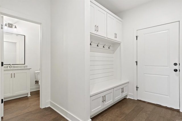 mudroom featuring dark wood-style flooring, a sink, and baseboards