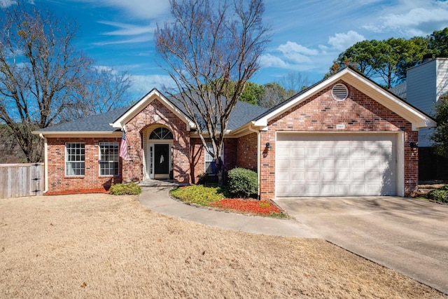 ranch-style home featuring a garage, concrete driveway, brick siding, and a shingled roof