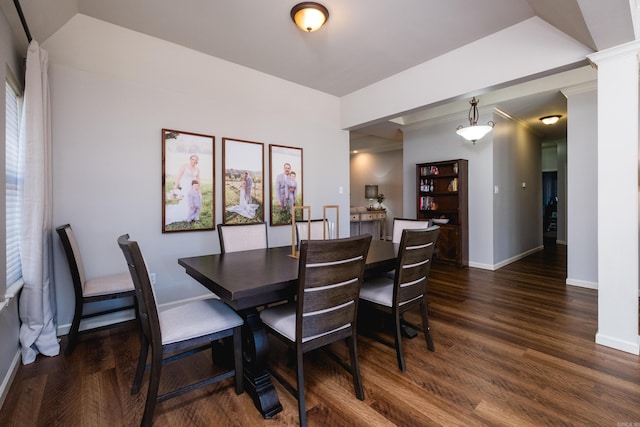 dining space with dark wood-style floors and baseboards