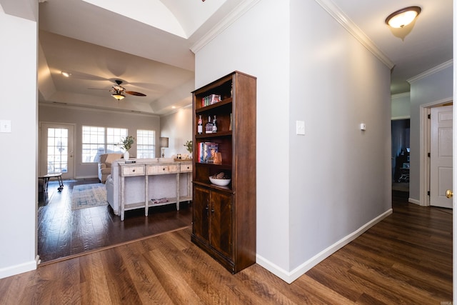 corridor with baseboards, dark wood finished floors, crown molding, and a raised ceiling