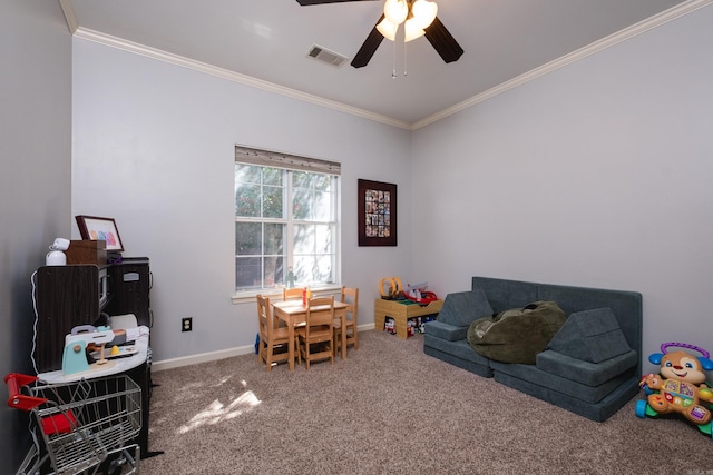 game room featuring visible vents, ornamental molding, carpet flooring, ceiling fan, and baseboards