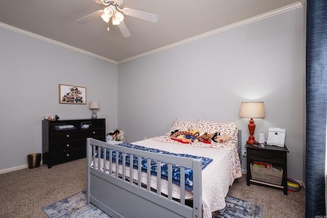 bedroom featuring carpet, crown molding, baseboards, and ceiling fan