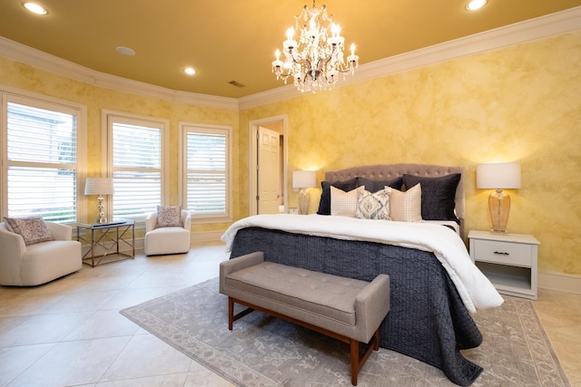 tiled bedroom with recessed lighting, crown molding, and baseboards