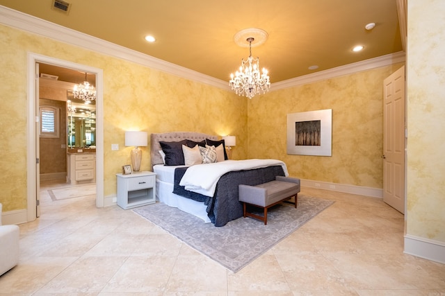 bedroom featuring baseboards, visible vents, a notable chandelier, and ornamental molding