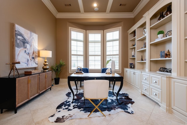 home office with ornamental molding, light tile patterned flooring, coffered ceiling, and visible vents