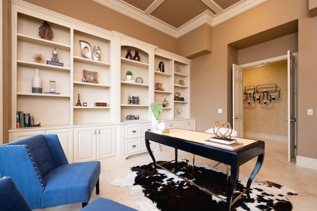 home office with ornamental molding, baseboards, and light tile patterned floors