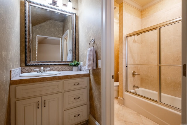 full bathroom with toilet, shower / bath combination with glass door, vanity, and tile patterned floors