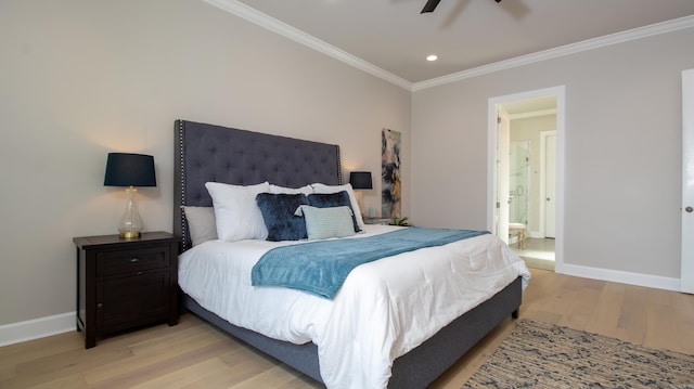 bedroom with light wood-style flooring, baseboards, crown molding, and recessed lighting