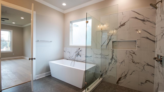 full bath with a freestanding tub, a marble finish shower, crown molding, and recessed lighting