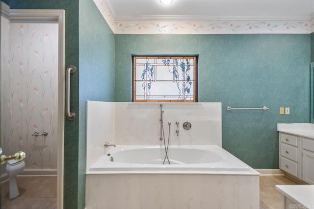 full bath featuring tile patterned flooring, crown molding, vanity, and a bath