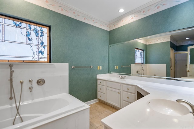 full bathroom with crown molding, a sink, and a bath