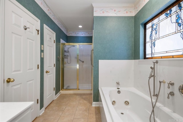 full bathroom featuring crown molding, a stall shower, tile patterned flooring, a whirlpool tub, and wallpapered walls